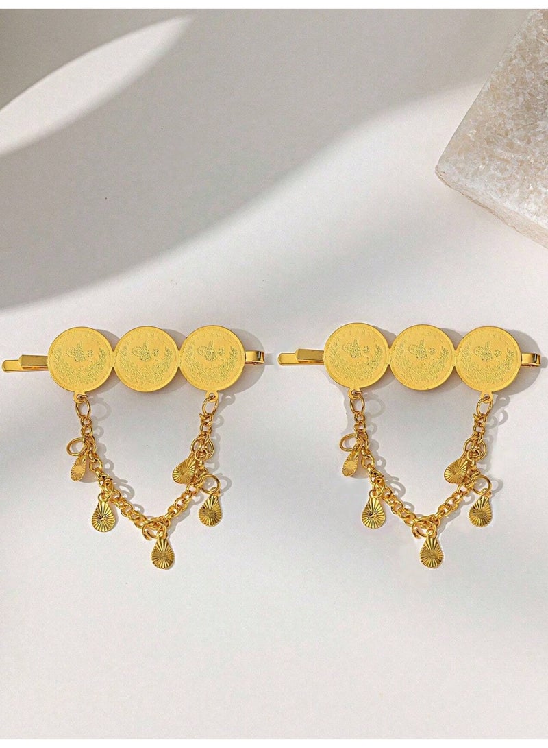 2PCS Hair Clips Gold-Plated, Tassel Bohemian Coin Fringe for Women,  Arabic Wedding Bridal Accessories Jewelry, Elegant Star Moon Pendant Choker Hair Pins Gift for Ladies Girls Eid Party - view 4